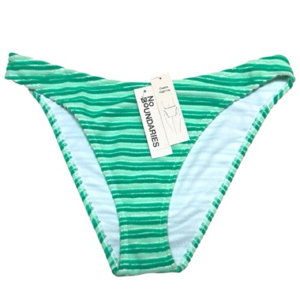 No Boundaries Terry Stripe High Leg Swim Bottoms Green White Stripe Size L 12-14
